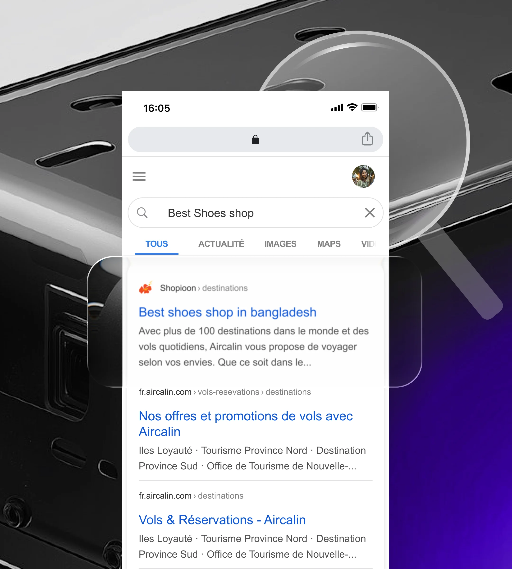 A search results page under a magnifying glass