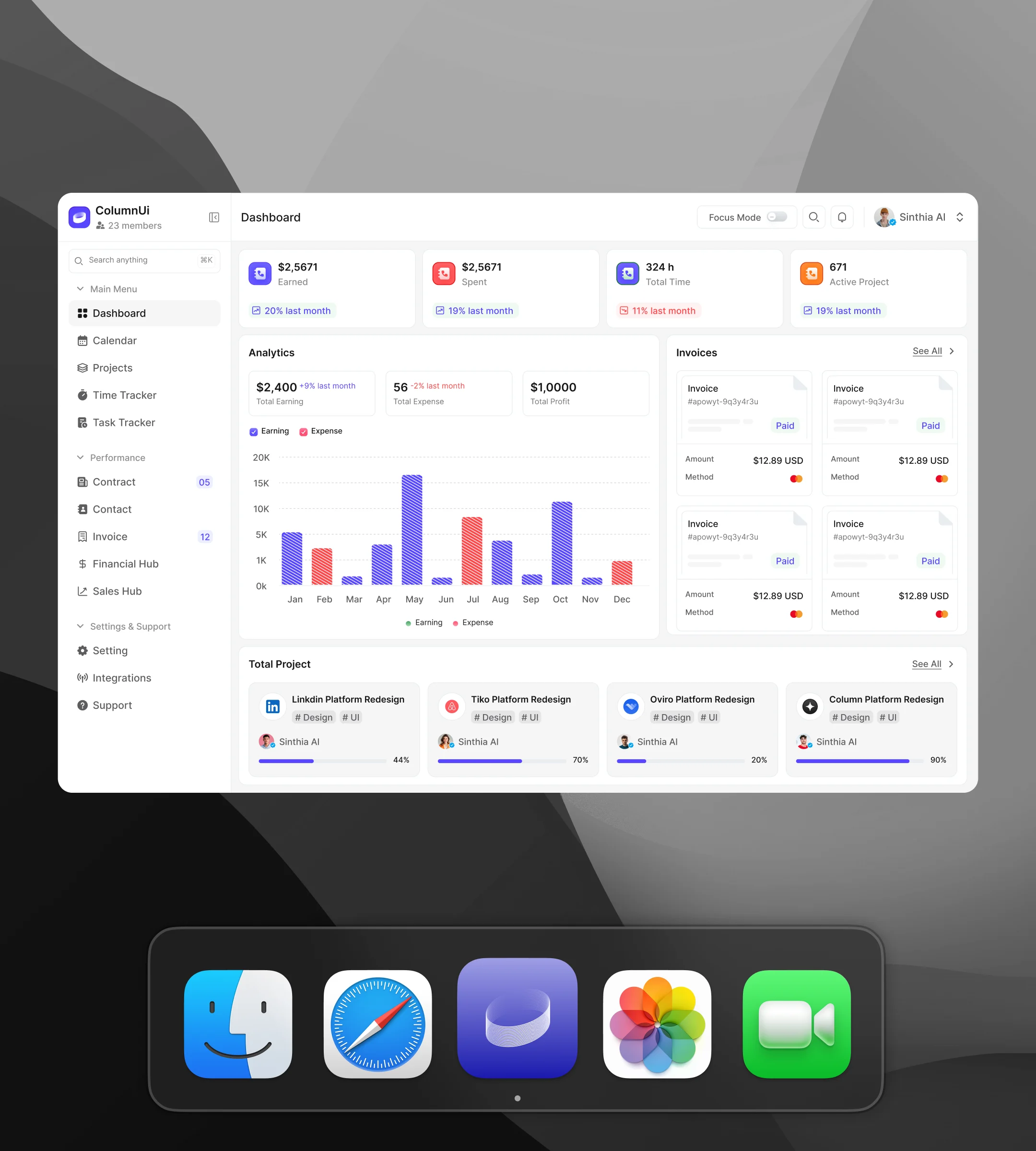 A SaaS dashboard with charts and tables